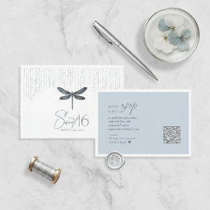 Cartão RSVP Elegante Libélula Sweet 16 Azul Empoeirado ID1310