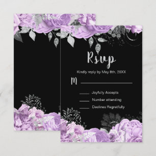 Cartão RSVP Elegante Lilás e Flores de Prata Sweet Sixteen