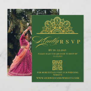 Cartão RSVP Elegante Mandala Verde Escuro e Dourado Casamento 