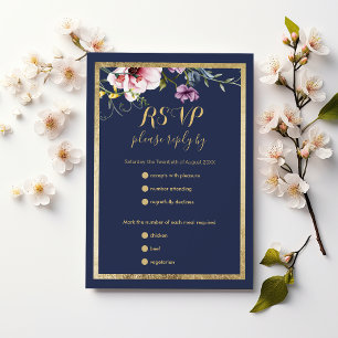 Cartão RSVP Elegante marinho azul-dourado cor-de-rosa para o c