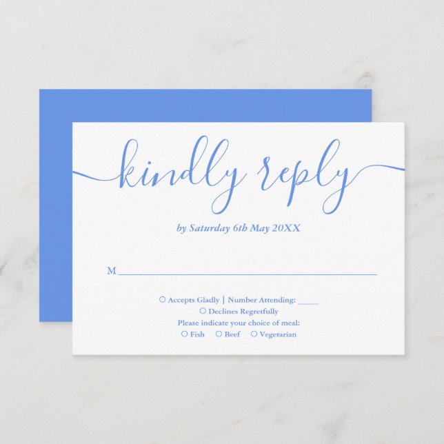 Cartão RSVP Elegante Moderno Cornflower Blue Script (Frente/Verso)