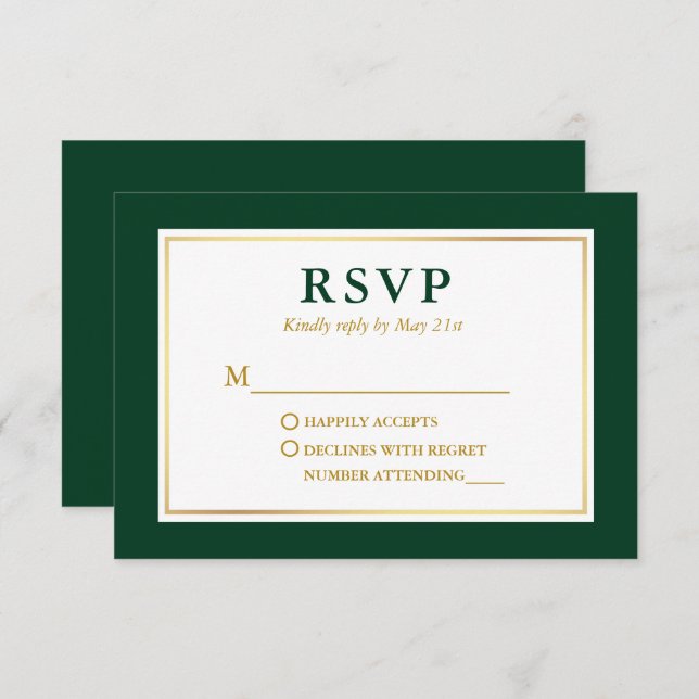 Cartão RSVP Elegante moderno Emerald Green White Dourado (Frente/Verso)