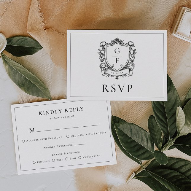 Cartão RSVP Elegante Monograma Crest Rosas Franceses Casamento (Criador carregado)