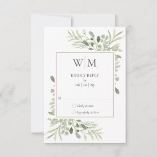 Cartão RSVP Elegante Monograma de Aguarela de Verdura Casament