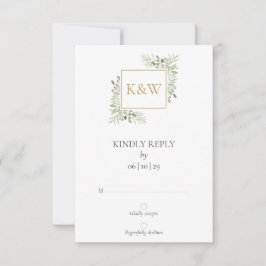 Cartão RSVP Elegante Monograma de Aquarela de Folhagens para C