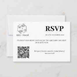 Cartão RSVP Elegante Monograma de Casamento em Código QR Preto