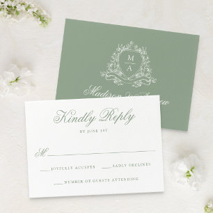 Cartão RSVP Elegante Monograma de Floral em Verde Sálvia para 