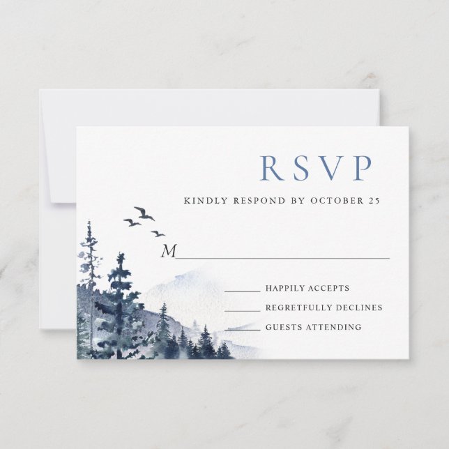 Cartão RSVP Elegante Montanhas Floresta Casamento Aquarela (Frente)