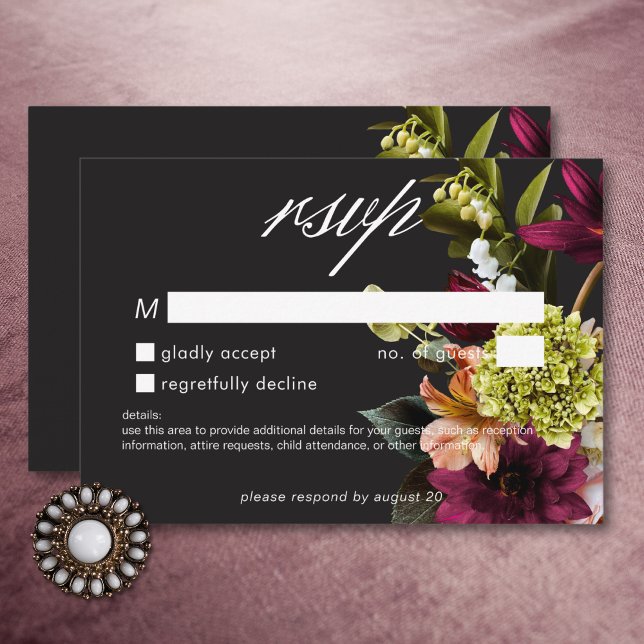 Cartão RSVP Elegante Moody Burgundy e Floral Rosa Sem Janta (Elegant Moody Burgundy & Pink Floral No Dinner RSVP Card)