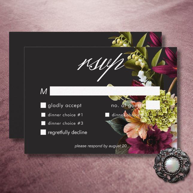 Cartão RSVP Elegante Moody Burgundy e Janta Floral Rosa (Elegant Moody Burgundy & Pink Floral Dinner RSVP Card)