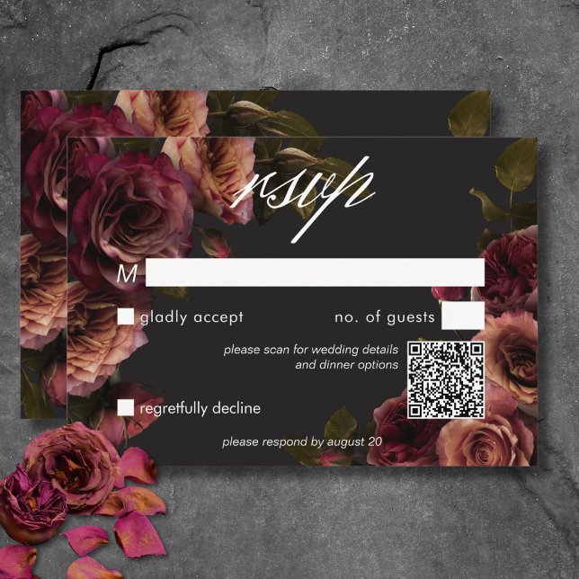 Cartão RSVP Elegante Moody Muody Rust & Burgundy Floral Código (Elegant Moody Muted Rust & Burgundy Floral QR Code RSVP Card)