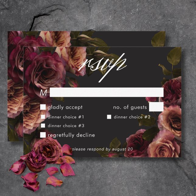 Cartão RSVP Elegante Moody Muody Rust & Burgundy Janta Floral (Elegant Moody Muted Rust & Burgundy Floral Dinner RSVP Card)
