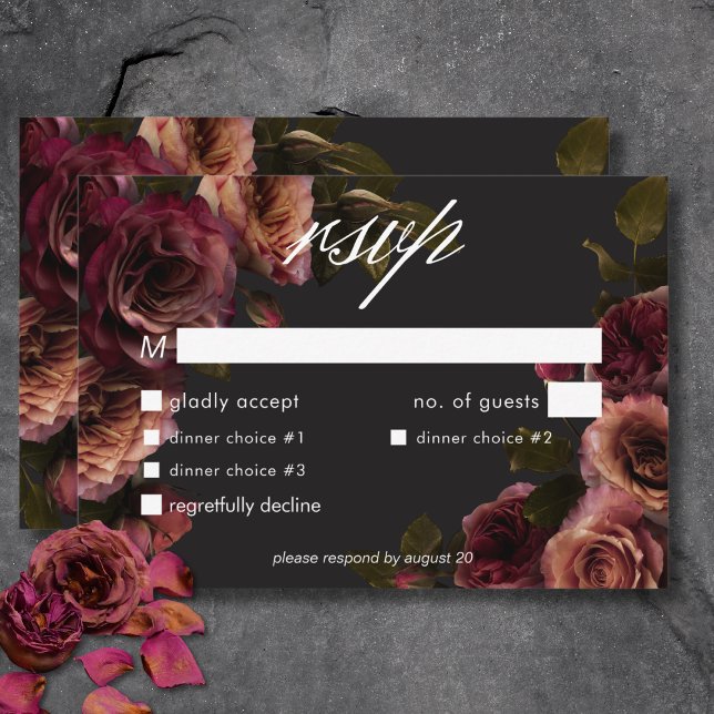 Cartão RSVP Elegante Moody Muody Rust & Burgundy Janta Floral (Elegant Moody Muted Rust & Burgundy Floral Dinner RSVP Card)
