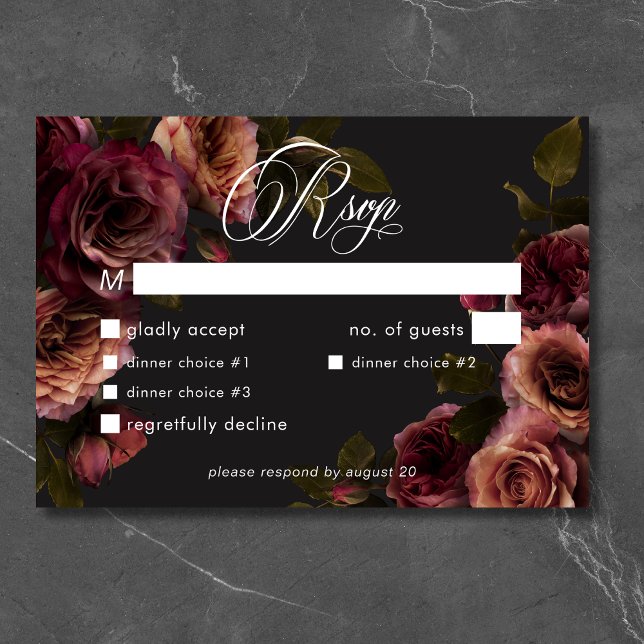 Cartão RSVP Elegante Moody Muody Rust & Burgundy Janta Floral (Elegant Moody Muted Rust & Burgundy Floral Dinner RSVP Card)