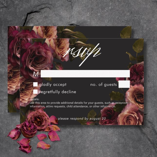 Cartão RSVP Elegante Moody Rust Burgundy Floral No Janta (Elegant Moody Muted Rust Burgundy Floral No Dinner RSVP Card)