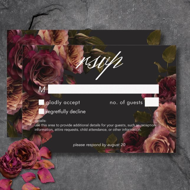 Cartão RSVP Elegante Moody Rust Burgundy Floral No Janta (Elegant Moody Muted Rust Burgundy Floral No Dinner RSVP Card)