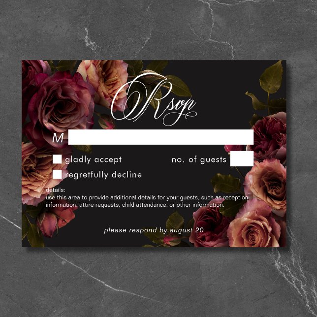 Cartão RSVP Elegante Moody Rust Burgundy Floral No Janta (Elegant Moody Muted Rust Burgundy Floral No Dinner RSVP Card)