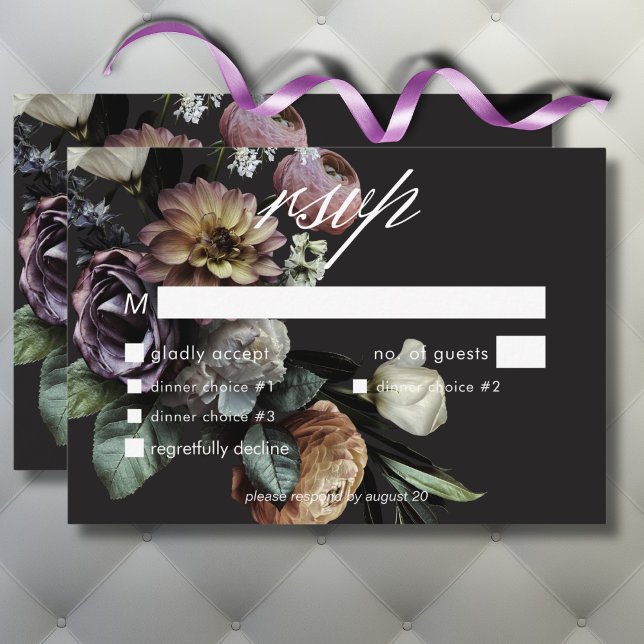 Cartão RSVP Elegante Moody Twilight Janto Floral Muted (Elegant Moody Twilight Muted Floral Wedding Dinner RSVP Card)