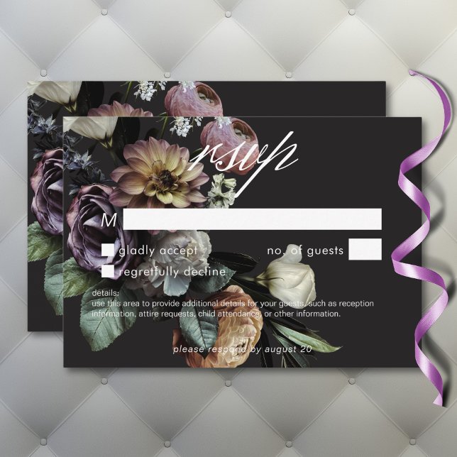 Cartão RSVP Elegante Moody Twilight Mudou Floral Sem Janta (Elegant Moody Twilight Muted Floral No Dinner RSVP Card)