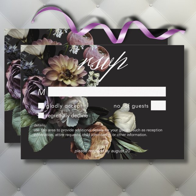Cartão RSVP Elegante Moody Twilight Mudou Floral Sem Janta (Elegant Moody Twilight Muted Floral No Dinner RSVP Card)