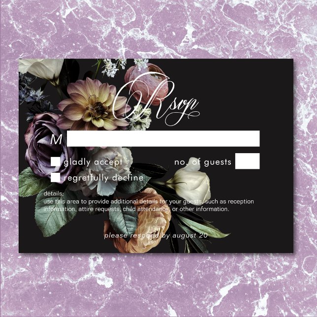 Cartão RSVP Elegante Moody Twilight Mudou Floral Sem Janta (Elegant Moody Twilight Muted Floral No Dinner RSVP)