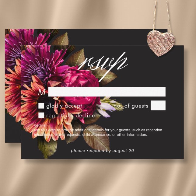 Cartão RSVP Elegante Moody Vibrant Sunset Floral No Janta (Elegant Moody Vibrant Sunset Floral No Dinner RSVP Card)