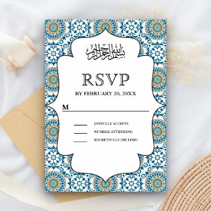 Cartão RSVP Elegante Mosaico Persa Azul Islâmico Casamento Muç
