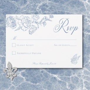 Cartão RSVP Elegante Noiva com Pássaro e Brasão em Azul Chines