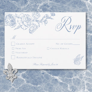 Cartão RSVP Elegante Noiva com Pássaro e Brasão em Azul Chines