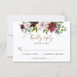 Cartão RSVP Elegante Noiva Floral Burgundy Navy com Verdura Ca