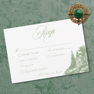 Cartão RSVP Elegante Noiva Verde Sage Toile Mansão Francesa Ca