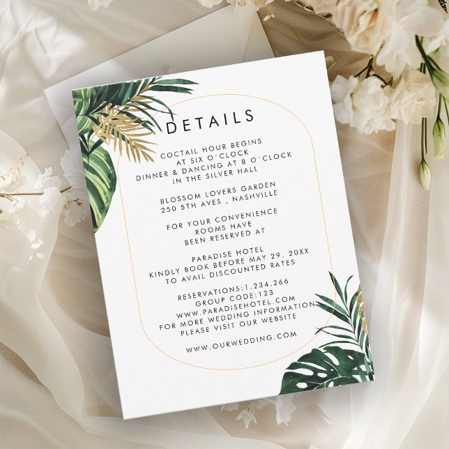 Cartão RSVP Elegante, Palma Verde, Borda Dourada (Imitação) (Criador carregado)