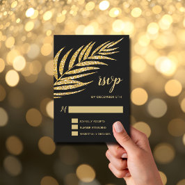 Cartão RSVP Elegante Palmeira de Natal em Brilho Dourado