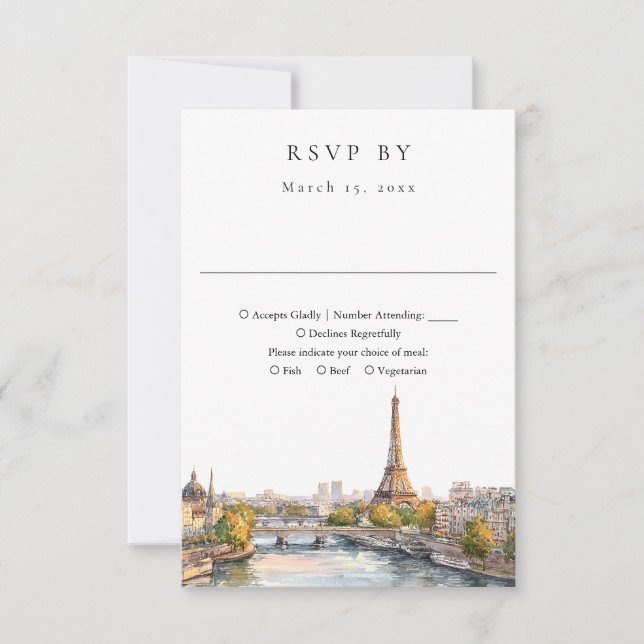 Cartão RSVP Elegante Paris França Casamento Aquarela (Frente)