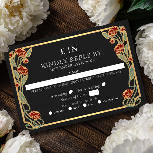 Cartão RSVP Elegante Peônia Vermelha Art Nouveau Floral Casame