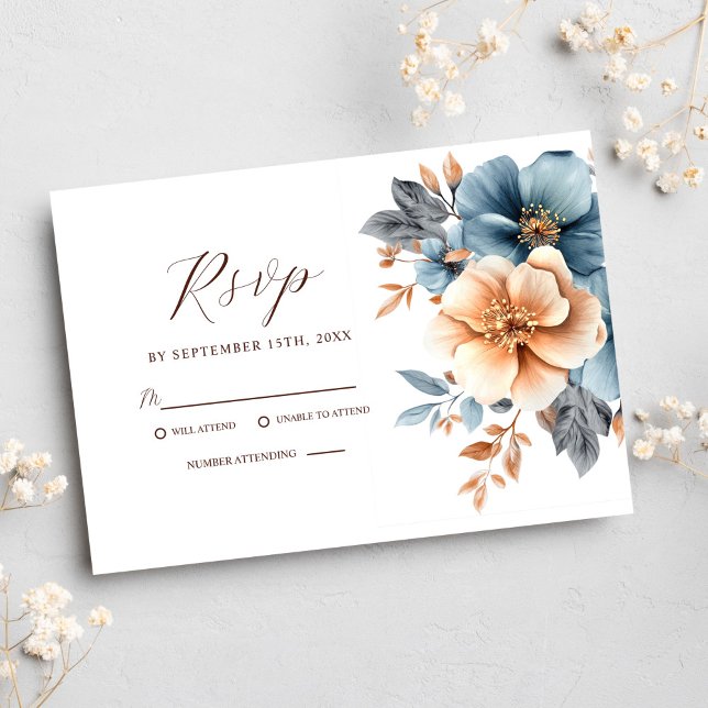 Cartão RSVP Elegante Pó Floral Azul Terracota para Casamento (Elegant Floral Dusty Blue Terracotta Wedding RSVP Card)