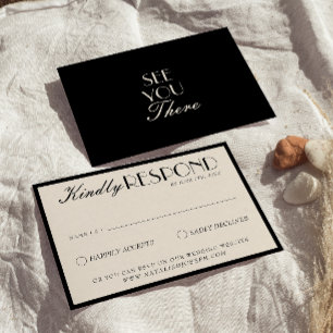 Cartão RSVP Elegante Preto Creme Dinheiro Antigo Luxo Chique C