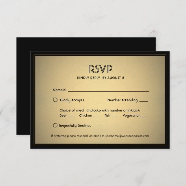 Cartão RSVP Elegante Preto e Dourado com Opções de Refeição (Frente/Verso)