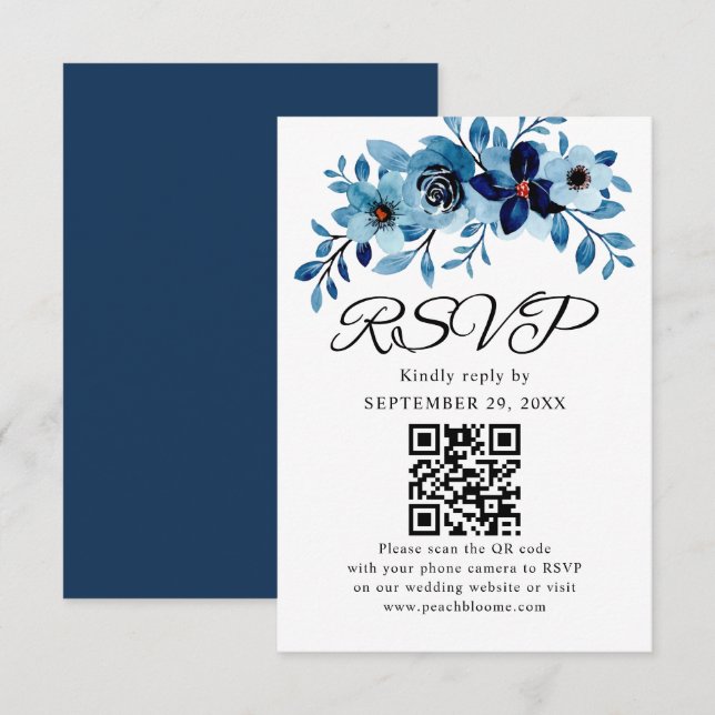 Cartão RSVP Elegante Ramalhete de Flores de Aquarela Azul Empo (Frente/Verso)