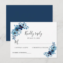 Cartão RSVP Elegante Ramalhete de Flores em Aquarela Azul Poei