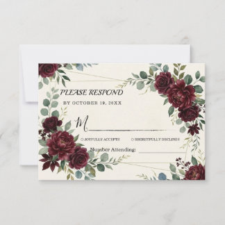 Cartão RSVP Elegante Rosa Dourada de Casamento Floral Borgonha