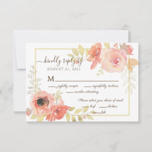 Cartão RSVP Elegante Rosa e Moldura Dourada Floral Casamento