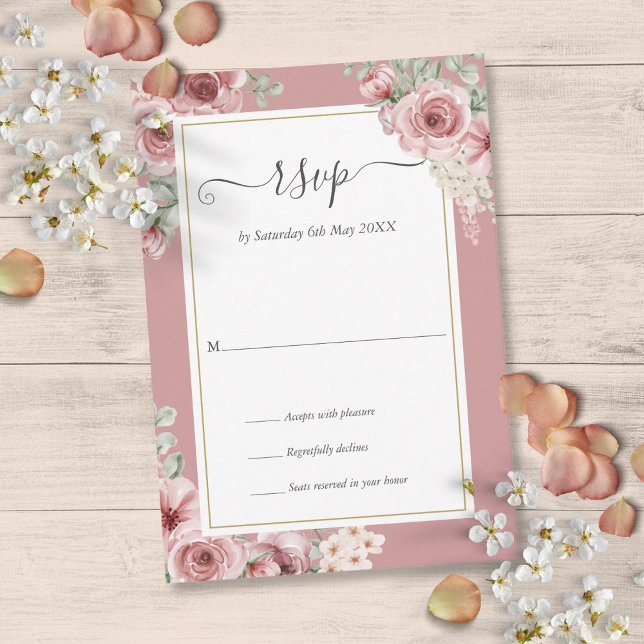 Cartão RSVP Elegante Rosa Empoeirado Script Floral (Dusty Rose Elegant Floral Script RSVP Card)