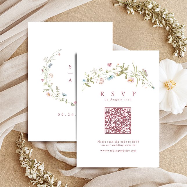 Cartão RSVP Elegante Rosa Rosa Rosa Selvagem Russo Boho Código (Elegant Dusty Pink Wildflower Rustic Boho QR code RSVP Card)