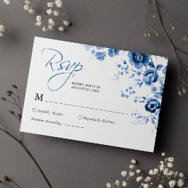 Cartão RSVP Elegante Roteiro Floral Azul Francês Toile Casamen