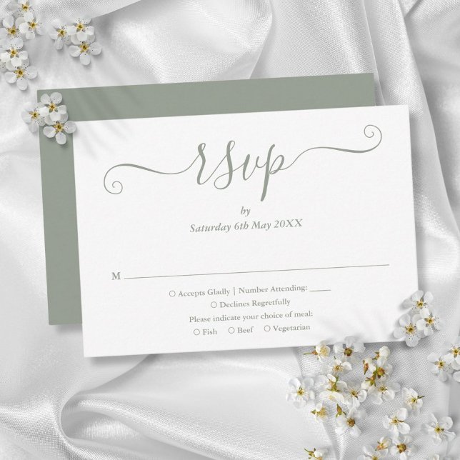 Cartão RSVP Elegante Roteiro Moderno Casamento Verde Sage (Elegant Modern Script Sage Green Wedding RSVP Card)