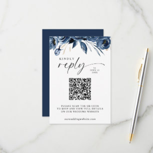 Cartão RSVP Elegante Rótulo Azul Marinho Código QR Floral Casa