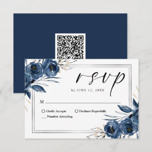 Cartão RSVP Elegante Rótulo Casamento Floral Azul-Marinho Códi