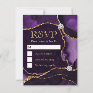 Cartão RSVP Elegante Roxo e Ouro Falso Brilho Mármore Ágata