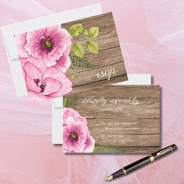 Cartão RSVP Elegante Rústico Rosas Verdes Papoulas Aquarela
